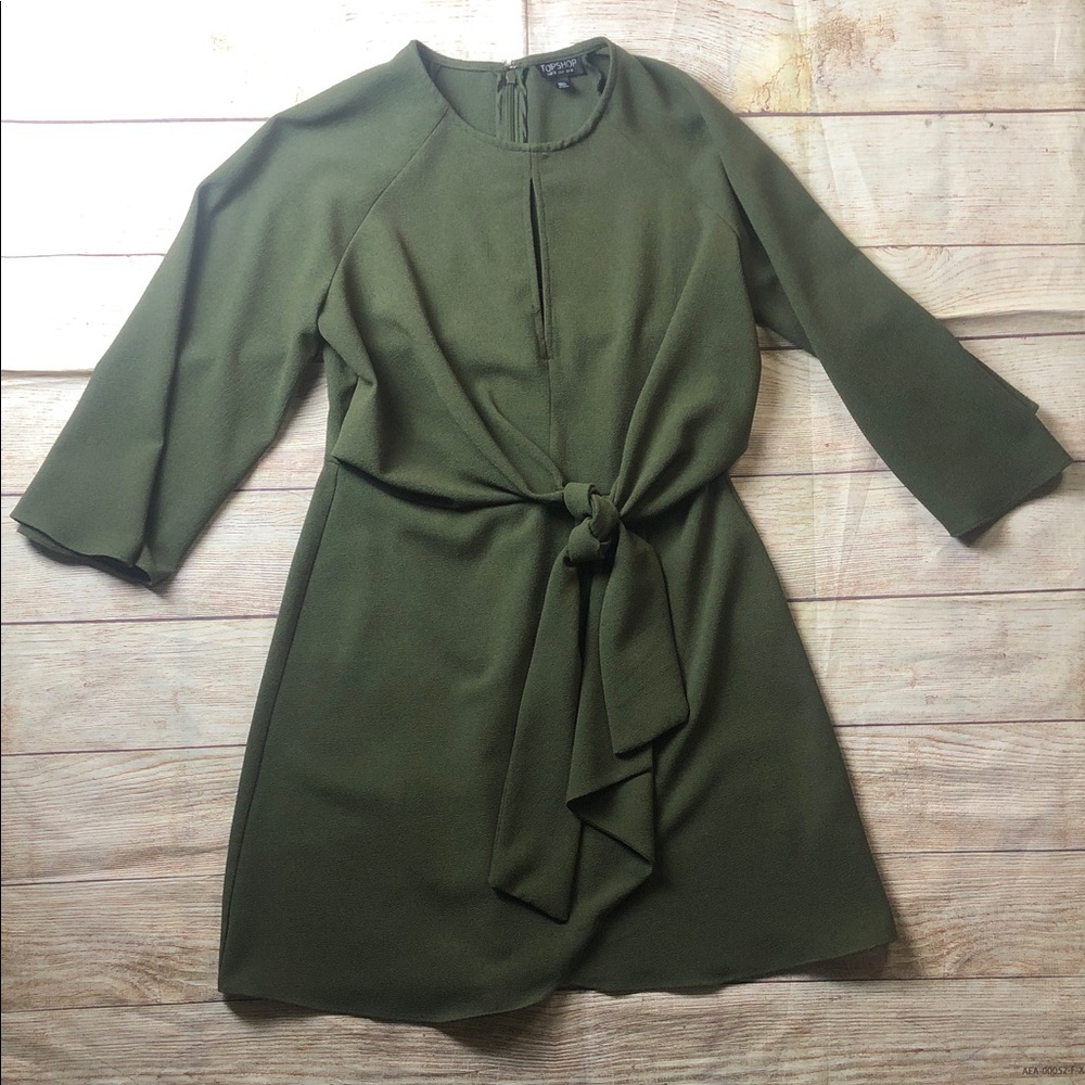 Topshop olive green front tie knot raglan bell sleeve mini dress